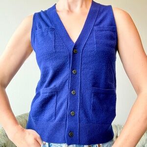 DemyLee Cashmere Sweater Vest Blue Button Front Sleeveless V Neck Pockets Small